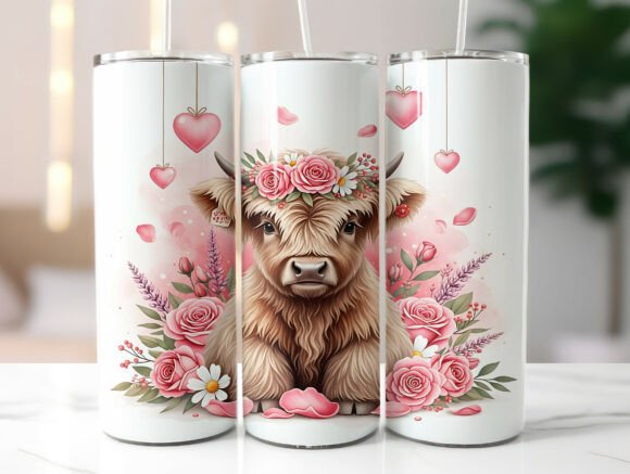 Cute Floral Cow Pink Heart Tumbler Wrap